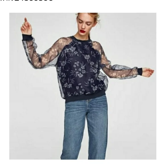 Zara Navy Floral Print Sheer Pullover Long Sleeves Blouse Size Small - Picture 2 of 10